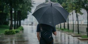 pogled straga na pametnog uzročnog muškarca koji drži kišobran i šeta parkom u kišnom urbanom gradu