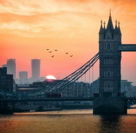 krupni plan mosta Tower i gradskog pejzaža Londona, Velika Britanija, tijekom ranog izlaska sunca