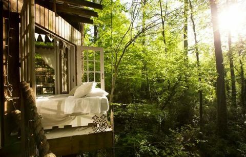 Usamljena kuća u stablu - Atlanta - bijeli krevet - Airbnb