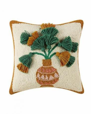 jastuk s dizajnom lonca iz kojeg izlaze zeleni i zlatni cvjetovi od pređe